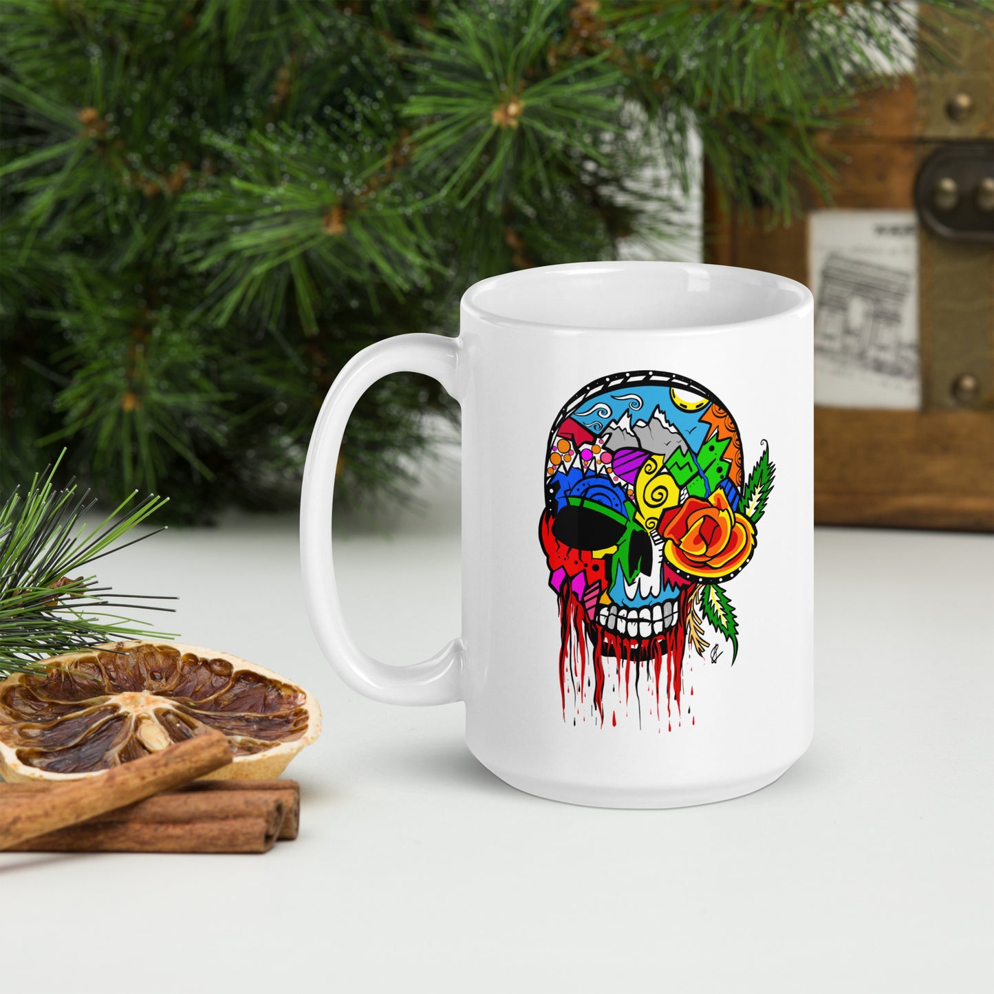 Rose Skull -  15 oz  White glossy mug